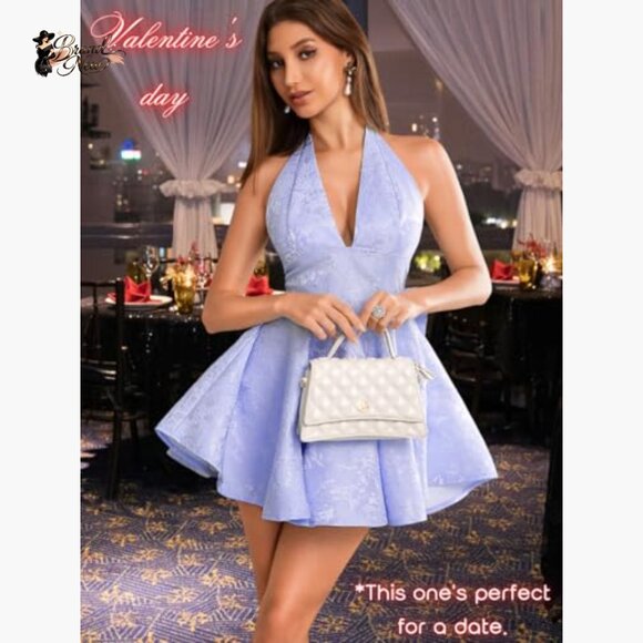 Jacquard Corset Mini Dress Deep V Halter Bow Back Formal Prom - Picture 3 of 7